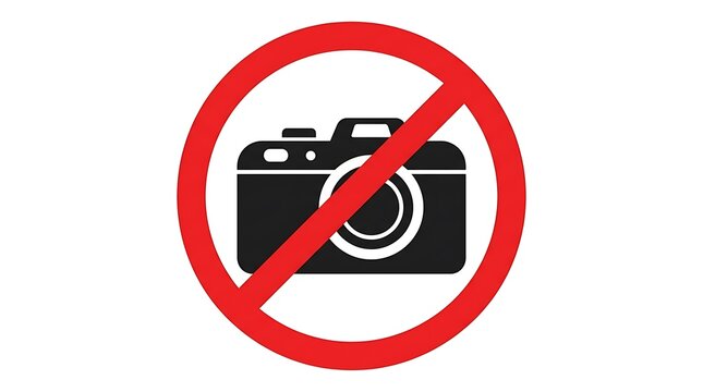 No photography allowed sign with a black camera icon inside a red circle symbol indicating a strict prohibition rule