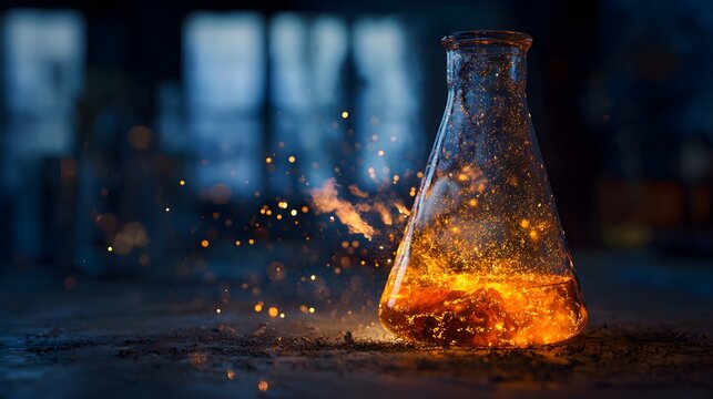 Erlenmeyer flask with glowing orange chemical reaction in lab