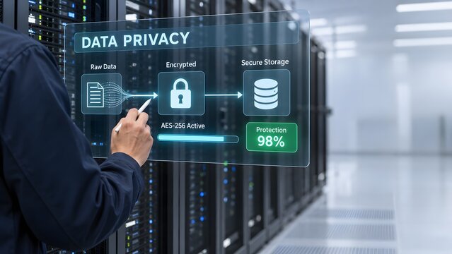 It professional managing secure data privacy protocols in server room