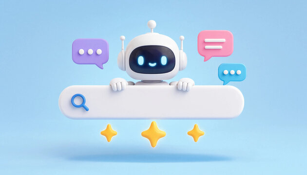 Cute robot character holding a blank search bar for artificial intelligence online queries