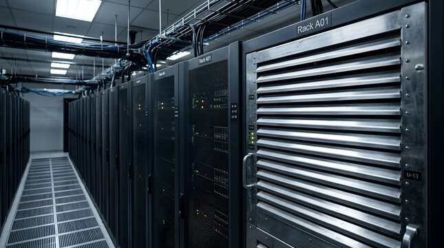 Long corridor of server racks in a dimly lit data center with cooling systems