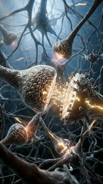 Synapse transmitting, neuron showing chemical signal exchange, neural impulse communication, cognitive mental activity, brain thought process, biological function mechanism.