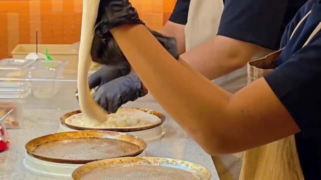 Chef hand stretching raw pizza bread dough in the air, Pizzeria Kitchen Work, Italian Food Preparation, Pastry Making, Bakery Cooking 