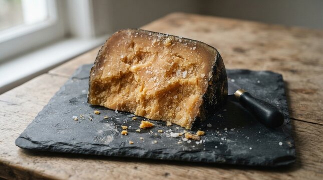 Aged gouda cheese wedge on slate board