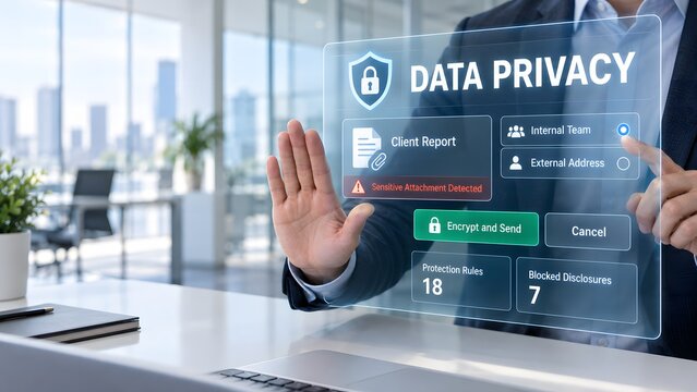 Business professional using digital interface for data privacy protection measures