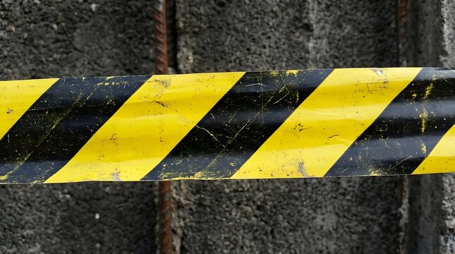 Black and yellow caution tape stripes with a worn texture for industrial construction site safety and hazard warning