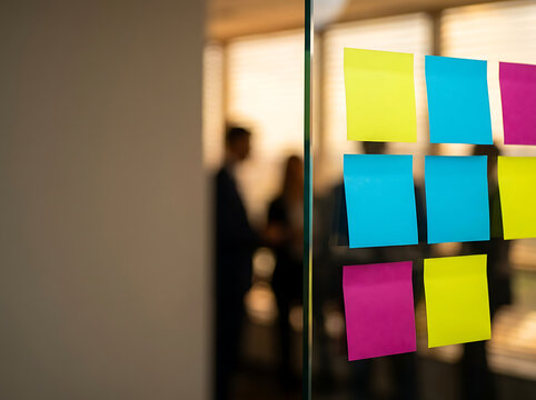 Colorful Adhesive Notes Displayed on Transparent Office Glass Partition for Collaborative Team Brainstorming Sessions