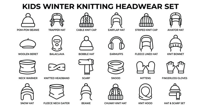 Winter knitting headwear set featuring pom pom beanie trapper hat cable knit cap and earflap hat for cold weather protection and fashion.