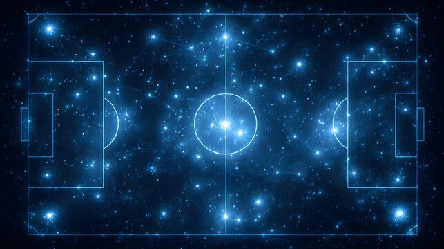 soccer pitch outline over starry galaxy background with glowing lines