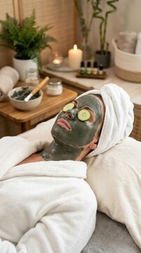 Mud pack face treatment on relaxed woman lying down in spa, cosmetic mask application with cucumber slice over eye, beauty skincare procedure, wellness therapy session.