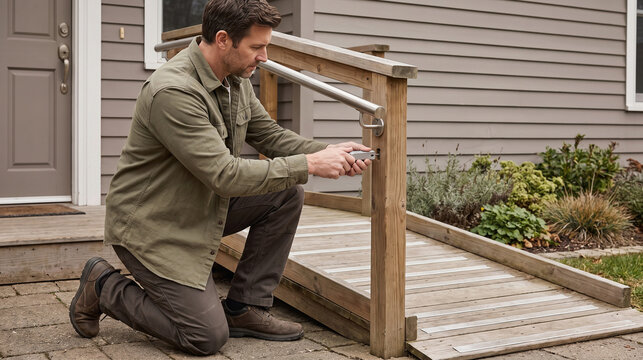 Carpenter installs continuous handrail on side-door ramp