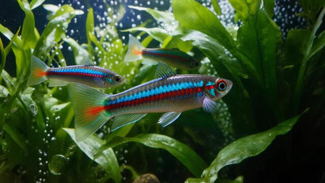Neon tetra fish swimming in a freshwater aquarium tank, green aquatic plant background with rising oxygen bubble, tropical underwater pet biotope, colorful exotic creature home decoration.