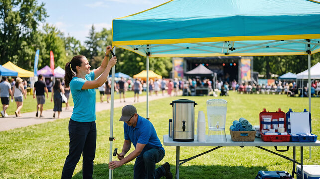 Volunteers set up heat-safety shade canopy for festival guests