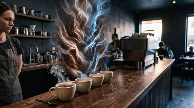 Barista stands amid a glowing canyon of coffee steam