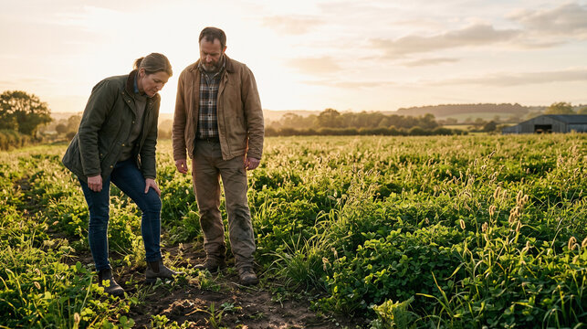 Farmers Inspect Cover Crop Field After a Dry Day