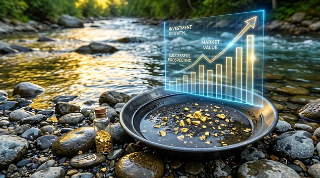 Gold pan with small gold nuggets resting on rocks by a flowing river with a digital financial growth chart overlay