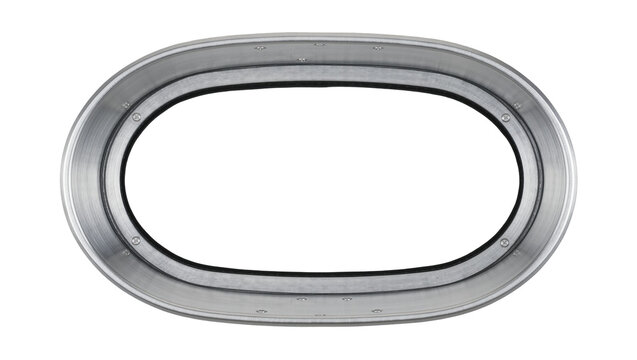 Oval metal frame with brushed texture and visible rivets, isolated on transparent background