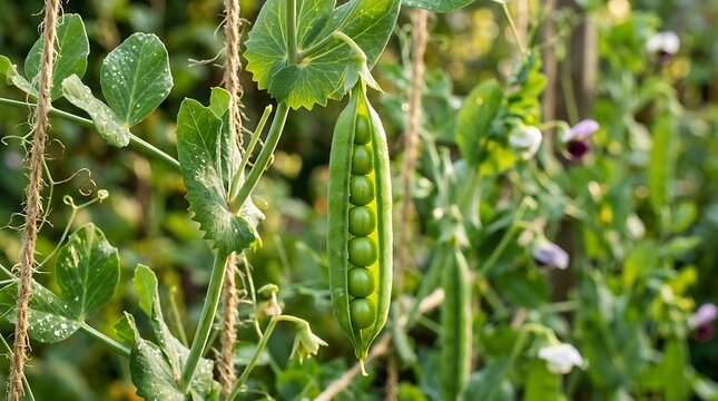 Fresh green pea pod hanging on a vine in a sunny vegetable garden during a bright summer day for healthy food
