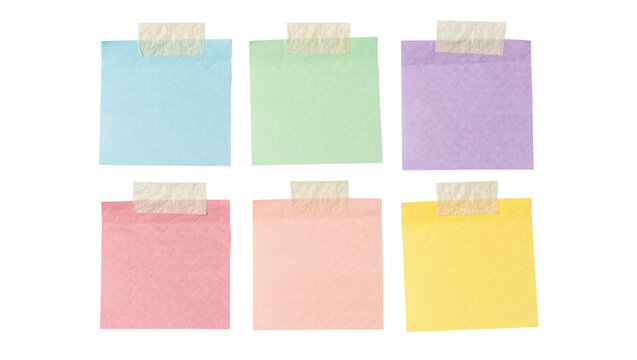 Six colorful sticky notes taped with masking tape, isolated on transparent background