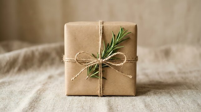 Small square gift box wrapped in brown paper with a twine string and a fresh green rosemary sprig on a rustic surface