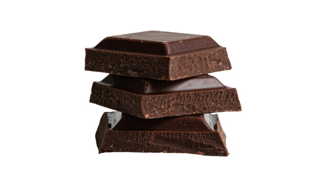 Stack of dark chocolate bar pieces, isolated on transparent background