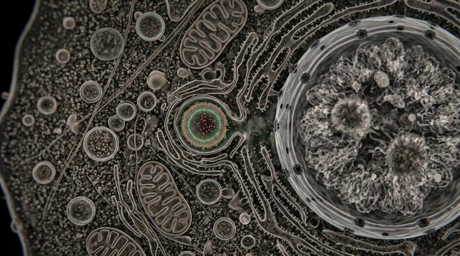 Lipid nanoparticle undergoing endosomal escape inside cytoplasm, releasing therapeutic drug molecules near nucleus, demonstrating targeted intracellular delivery, organelle cross section.