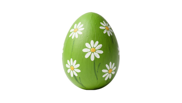 Green Easter egg with painted white daisies, isolated on transparent background