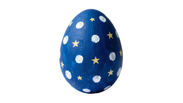Hand-painted blue Easter egg with white polka dots and yellow stars, isolated on transparent background