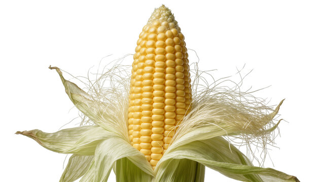 Fresh yellow corn cob with green husks and silky threads, isolated on transparent background