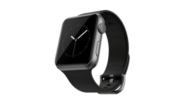 Modern smartwatch with black band and analog clock face, isolated on transparent background