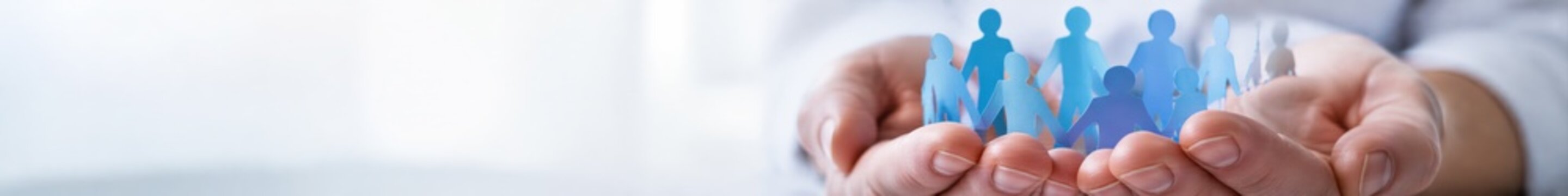 hands holding a long line of blue paper people, community support, social welfare, population care, human resources, workforce management, nonprofit services, public assistance