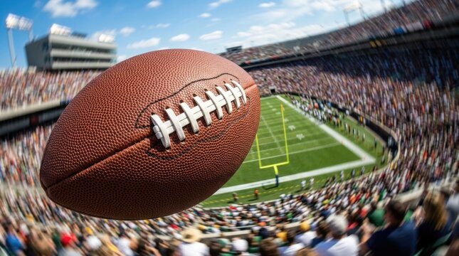 American football flying across packed stadium arena, showcasing leather pro ball detail, crowded grandstand bleacher view, goalpost field yardline, match tournament event.