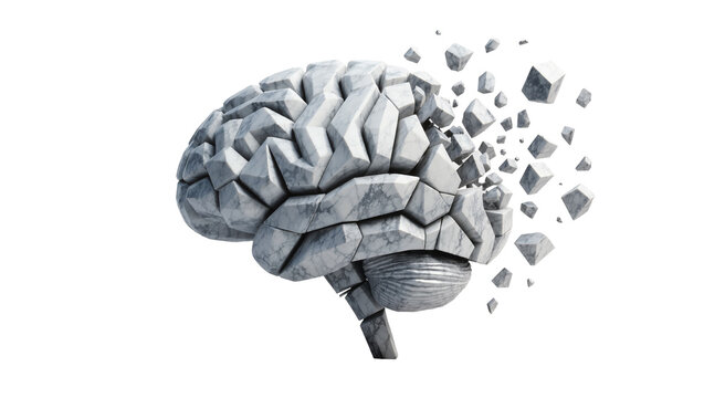 Stone brain crumbling into geometric fragments, isolated on transparent background