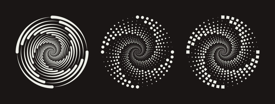 Set of different twisted speed lines in circle form. Abstract geometric circles with rotating linear, dotted and dashed lines who consisting of four sections. Design element for logo, prints, template