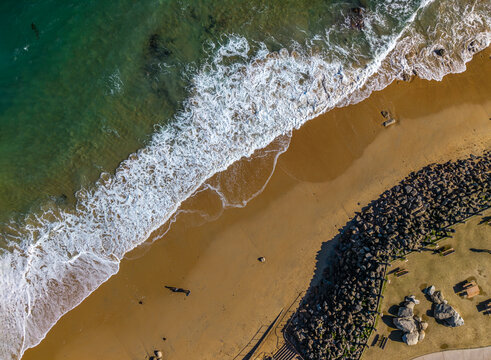 Aerial top view of San Carlos beach, Monterey, CA, United States. 