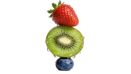 Stack of fresh strawberry kiwi slice and blueberry with water droplets, isolated on transparent background © Andrej