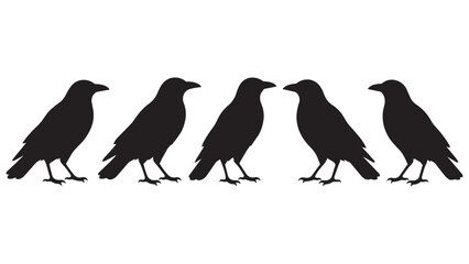 Fototapeta premium Five Black Crows Silhouette Standing in a Line