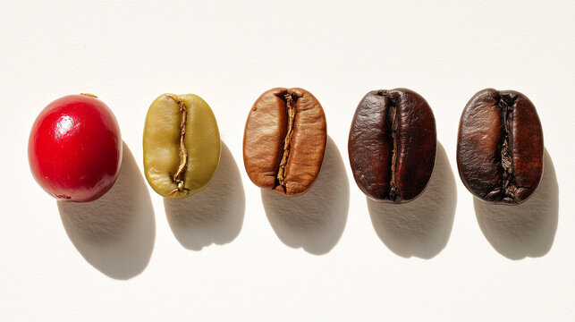 A top view flatlay showing five stages of coffee bean processing from a red raw cherry berry to green unroasted and light brown to dark roasted coffee beans
