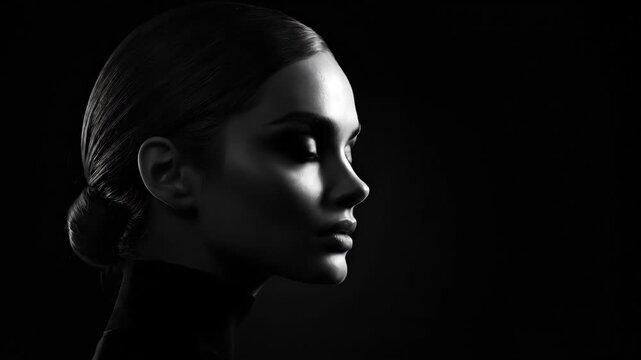 Dramatic portrait of young caucasian woman in black and white side profile