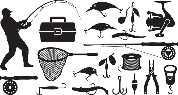 Fishing gear silhouette collection with angler tackle rod reel bait net and tools for outdoor sporting activity.