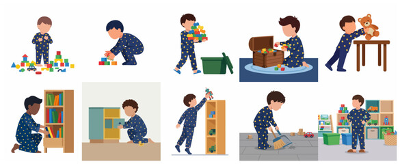 Fototapeta premium Little boy in pajamas tidying up toys and cleaning his room vector illustration set