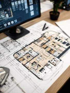 Detailed architectural blueprints and house floor plans lie spread out on a wooden office desk next to a computer monitor showing design software for building construction