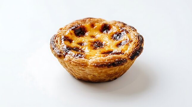 Close-up of a golden brown Portuguese custard tart with caramelized sugar topping on a white egg tart, pastel de nata, custard tart, pastry
