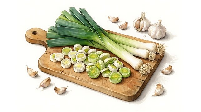 Fresh Leeks and Garlic Cloves on a Wooden Cutting Board