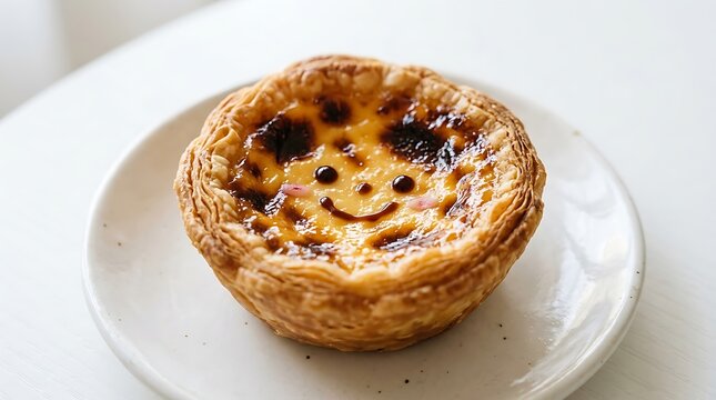 Portuguese custard tart with a cute smiley face drawn on its caramelized surface on a plate egg tart, pastel de nata, custard tart, pastry, dessert, sweet