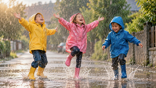 Happy children in colorful raincoats and rubber boots playing in rain puddles