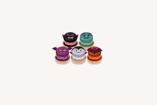 Cute Halloween macaron set vector illustration, spooky vampire monster bat desserts isolated on plain background