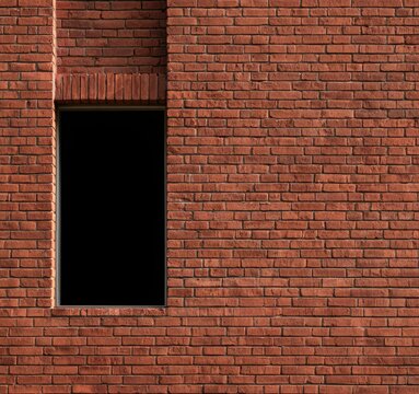 Stark red brick wall with a single, dark rectangular window aperture