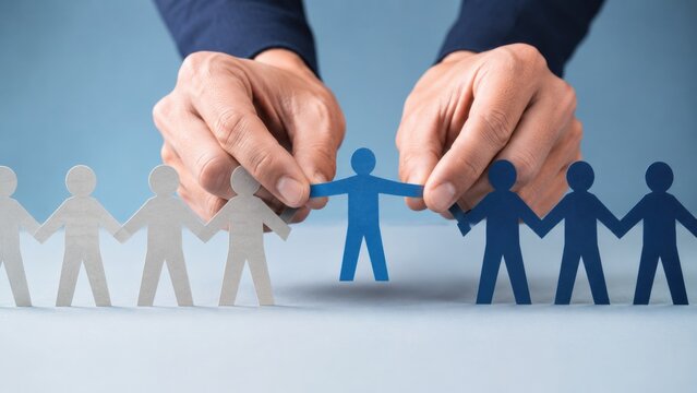 hands integrating a new blue paper person into a connected team of blue and white figures