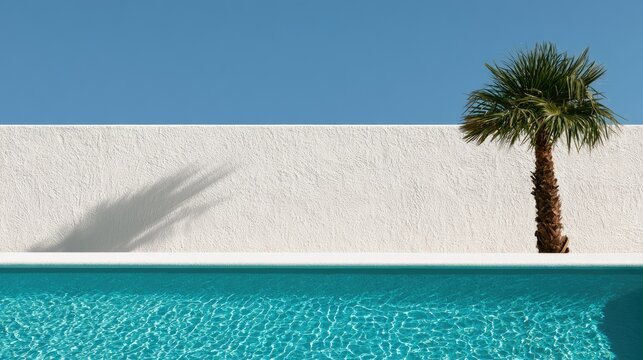 Bright blue pool meets textured white wall with lone palm tree and shadow